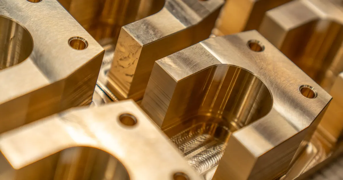 Gold coloured machined metal blocks with pockets and bolt holes in a close up photograph